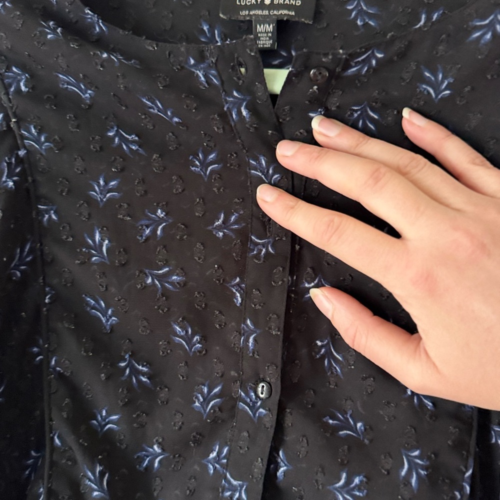 LUCKY BRAND Floral Peplum Sheer Peasant Chiffon Blouse Button Up Black Size M - Picture 4 of 15